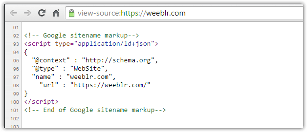 View of weeblr.com home page source code with JSON-LD meta data