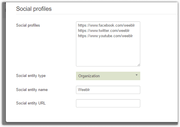 Image of the SOcial profiles section of the Structured data configuration panel of sh404SEF