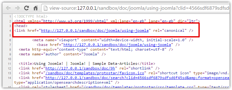 Canonical link inside a Joomla page