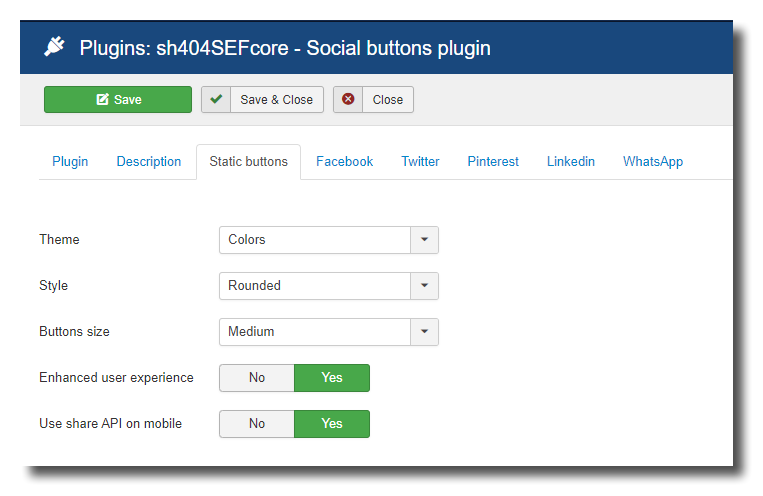 Static sharing buttons configuration screenshot