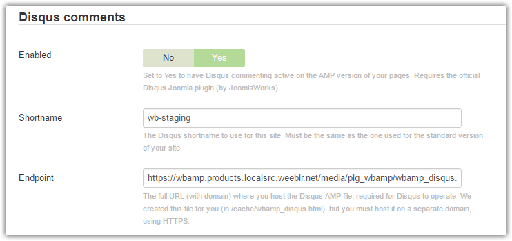 wbAMP Disqus comments support settings