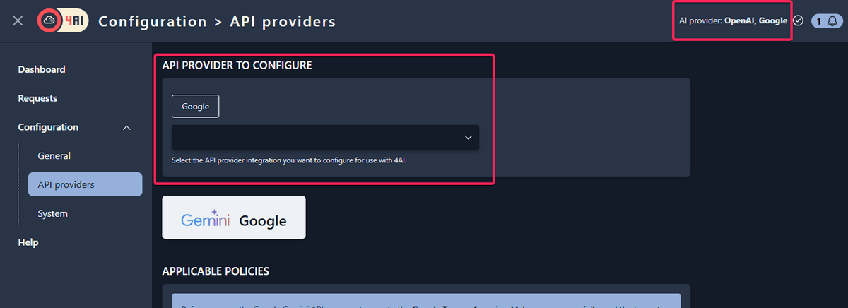 Select AI API provider to configure