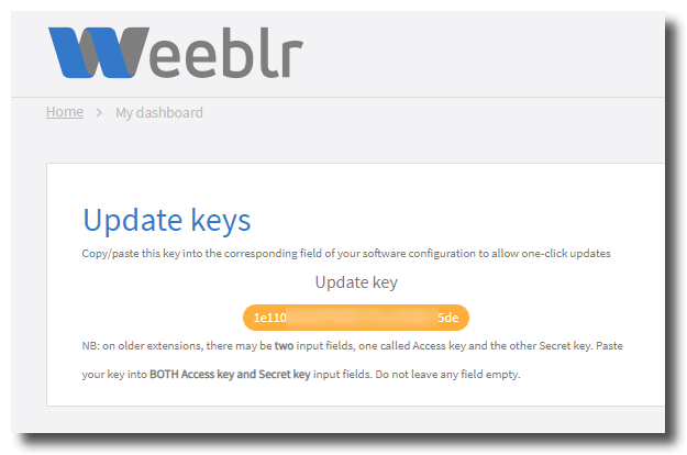 View of dashboard update key at weeblr.com