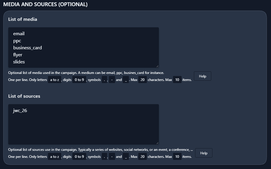 Listing possible media and sousrces for a campaign
