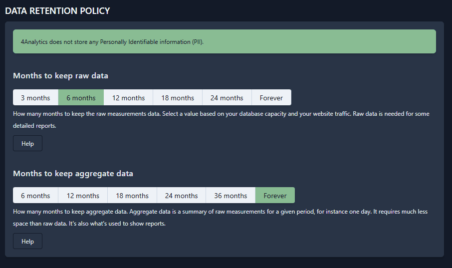 Database data retention policy configuration