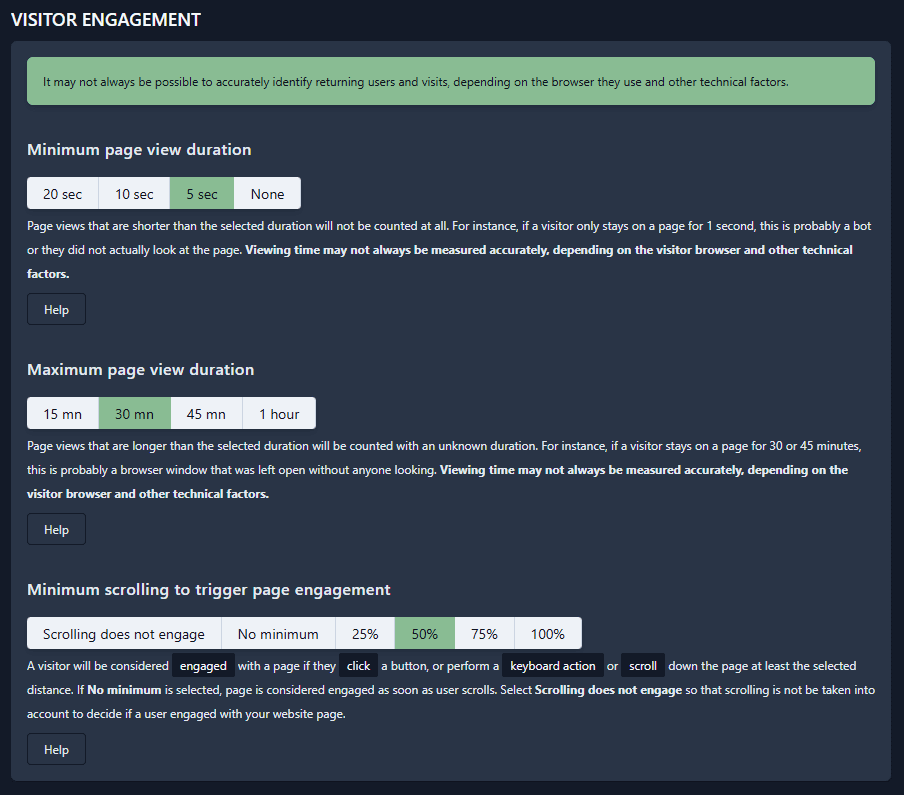 Visitor engagement configuration section