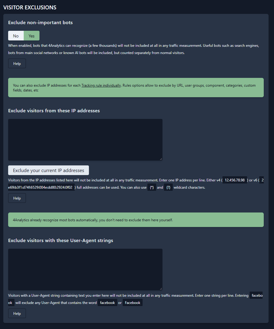 Visitors exclusions configuration section