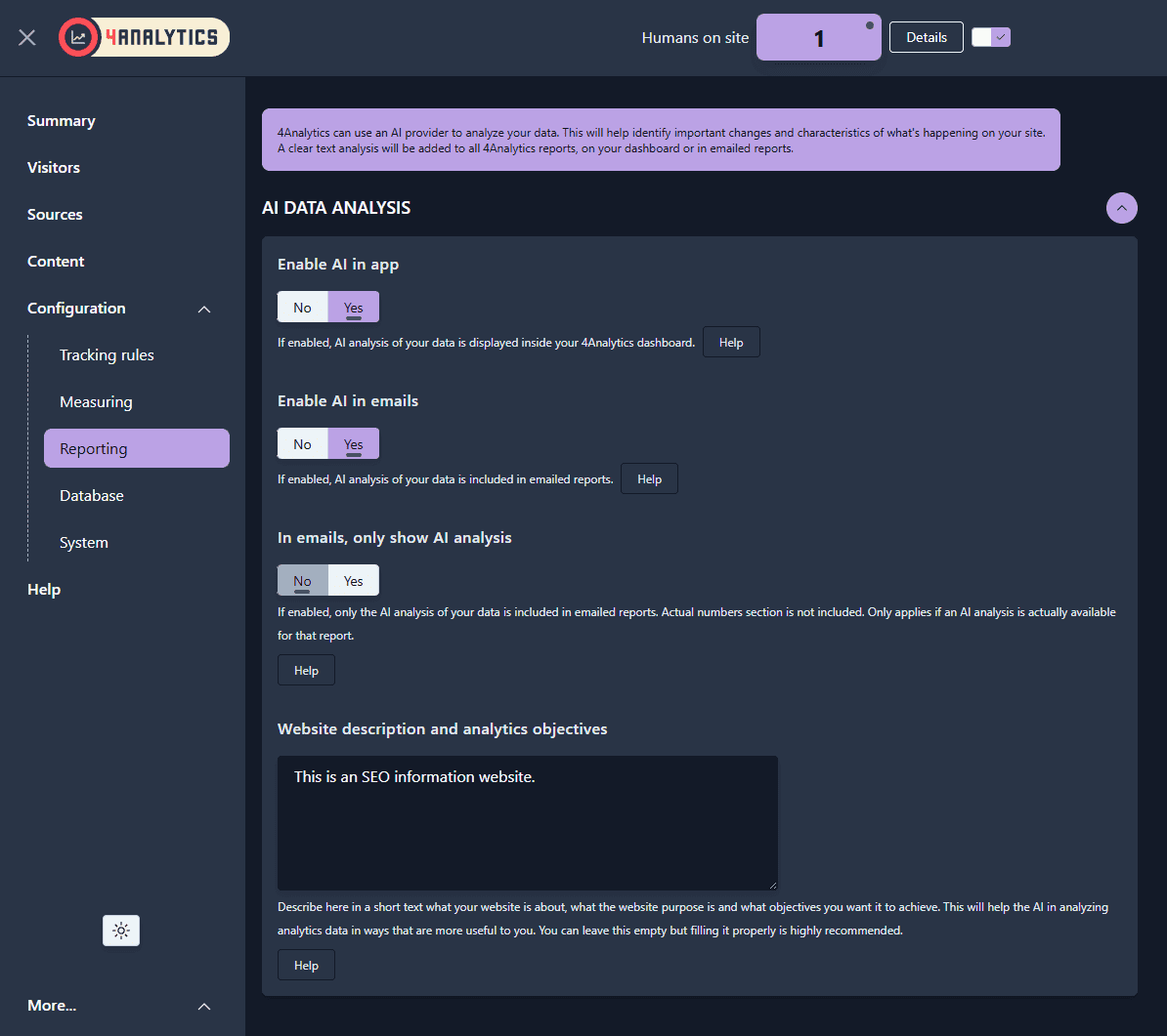 4Analytics AI analysis configuration panel