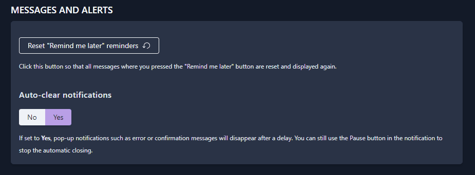 Messages and alerts dismissal and configuration