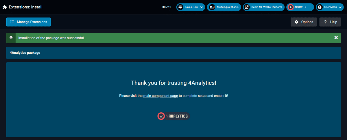 4Analytics post-install screen