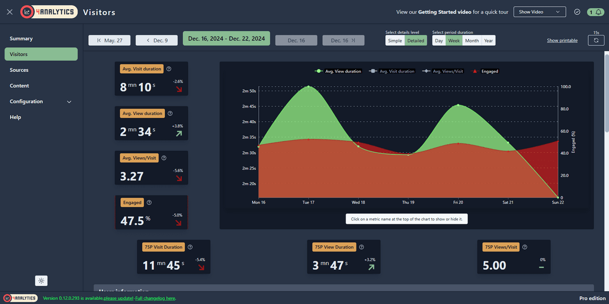 4Analytics sample Visitors report in detailed version - top section