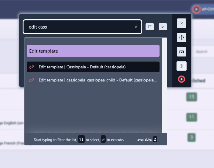 4Command command palette opened with Cassiopea templates selected