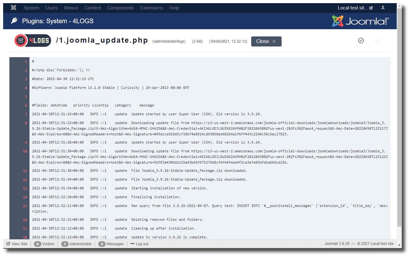 Viewing a log file content with 4LOGS