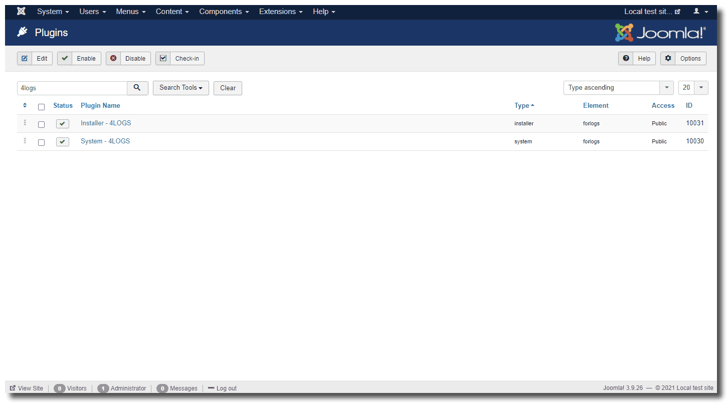 View of Joomla plugins page