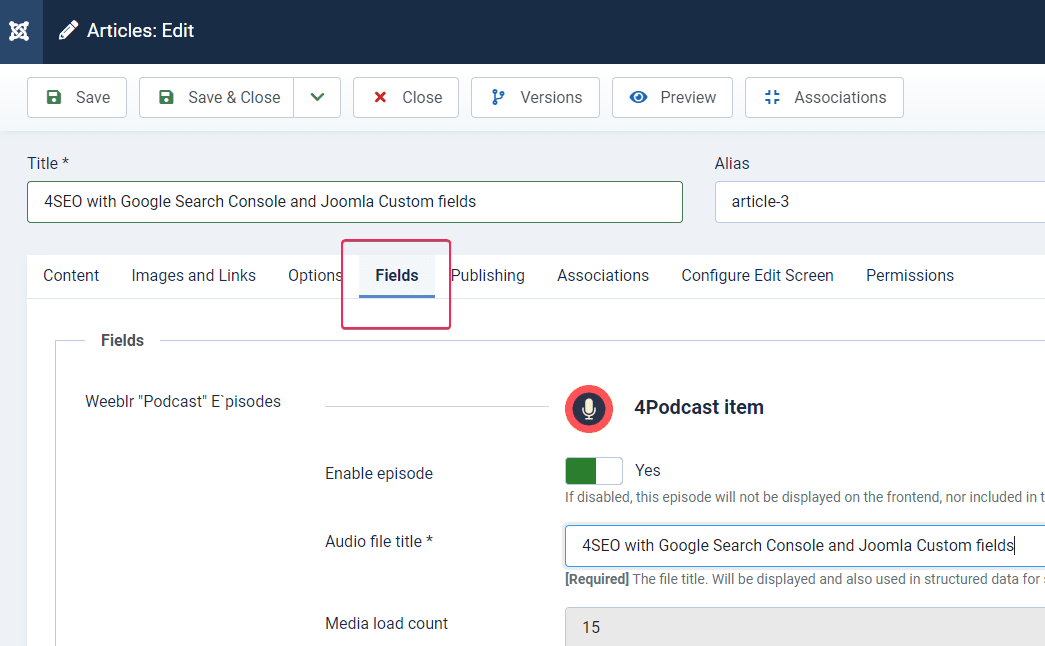 Locate the Fields tab on the article editor page