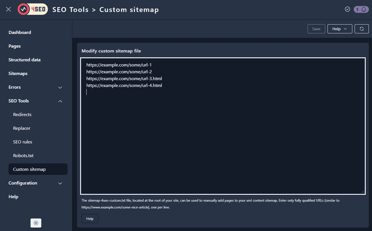 View of 4SEO sitemap-4seo-custom.txt file editor