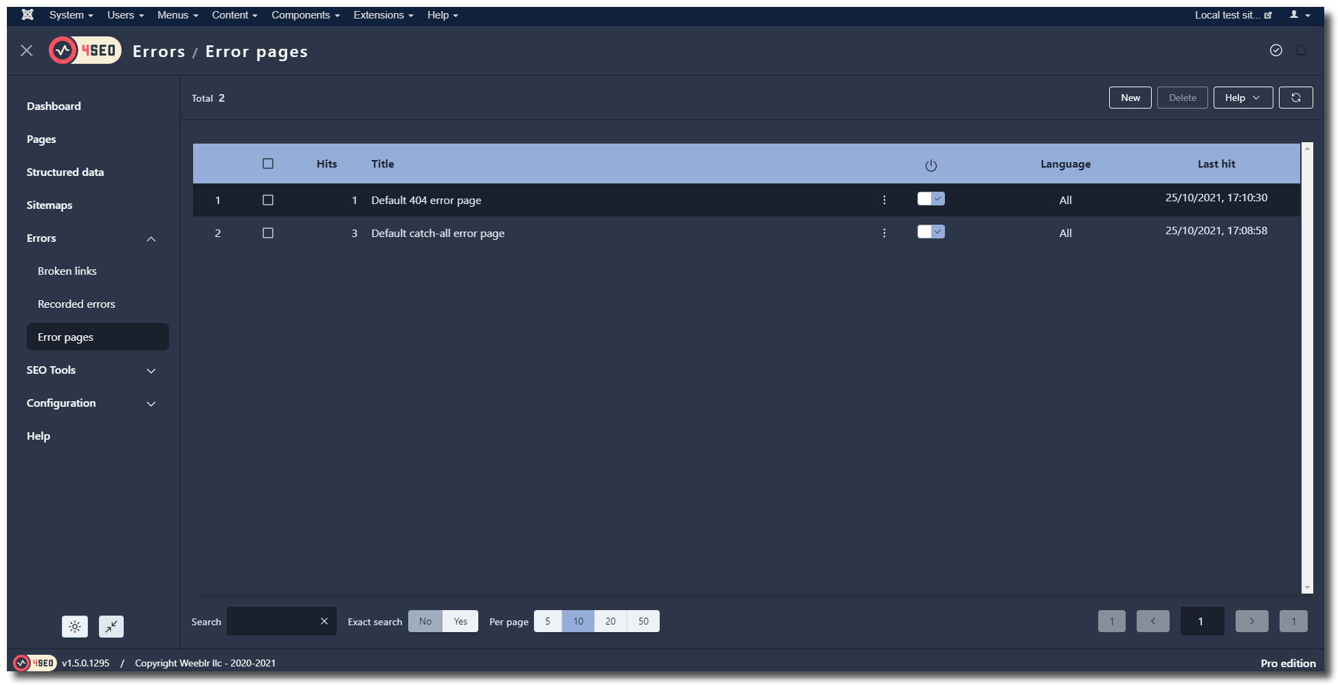 View of list of error handling rules