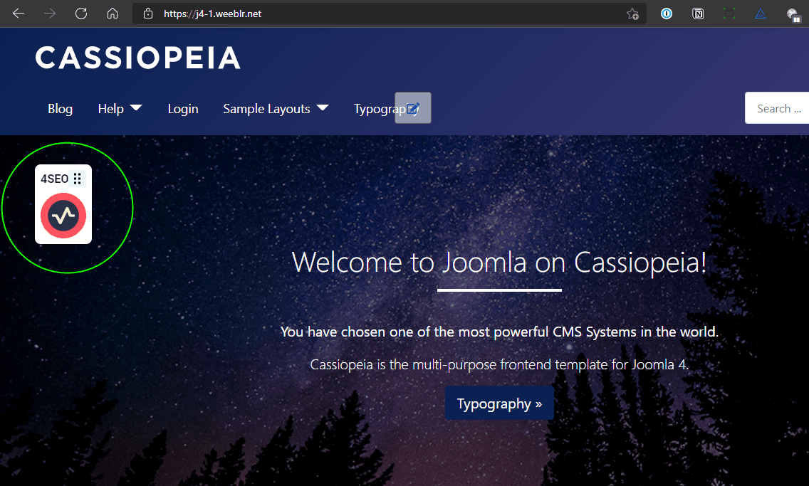 Joomla website page showing the 4SEO edit icon for a logged-in user