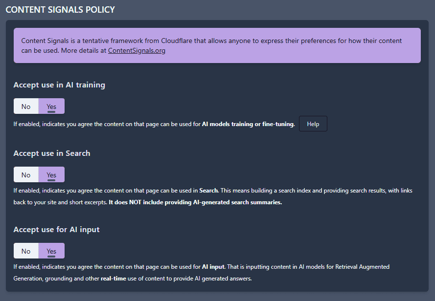 Content Signals policy settings in 4SEO metadata rule
