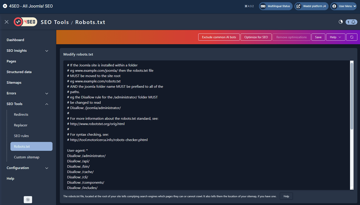 View of 4SEO robots.txt file editor