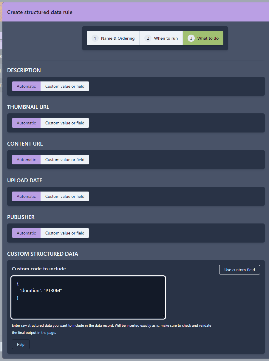 View of structured data rule custom code input field