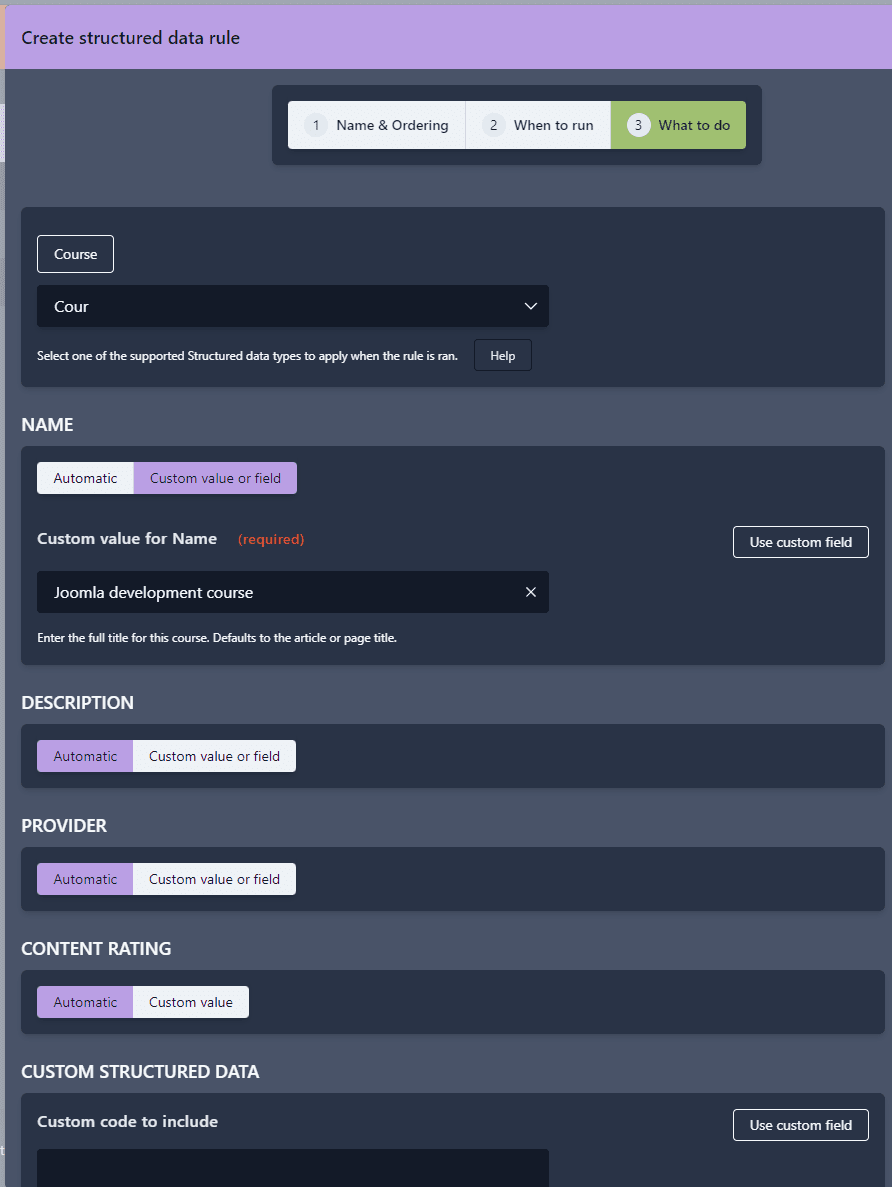 View of structured data rule creation