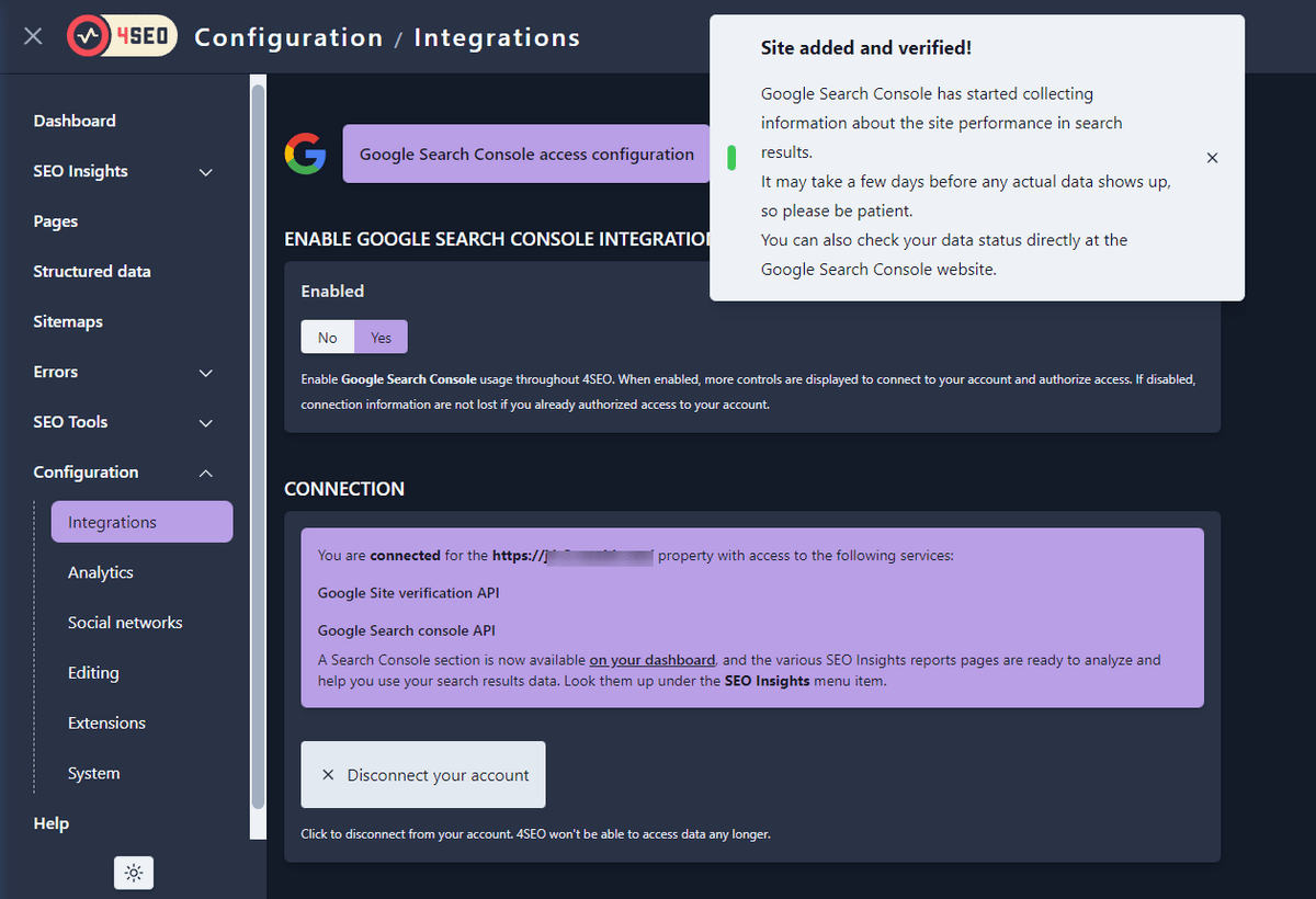 Confirmation of successful Google Search Console connection
