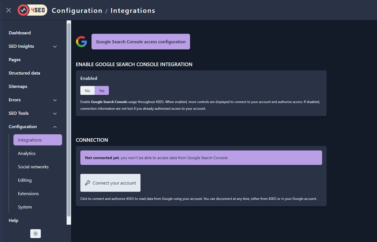 Initial view of Google Search Console account connection configuration page