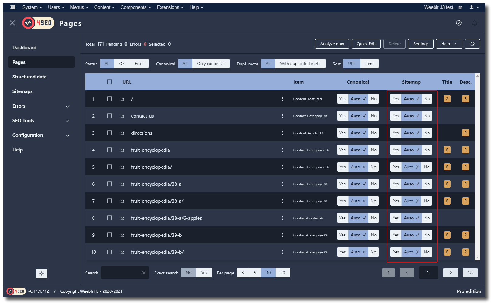 View of a sample 4SEO pages list with sitemap selector highlighted