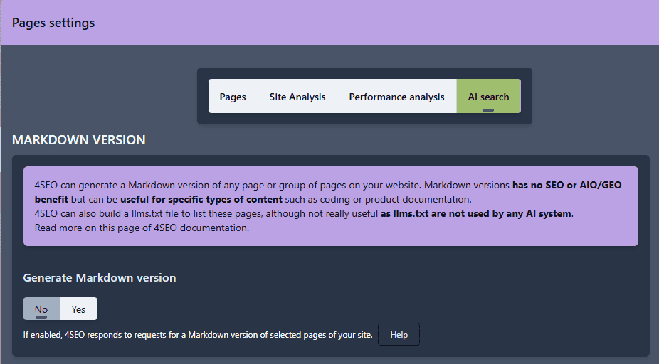 Enabling markdown generation options in 4SEO