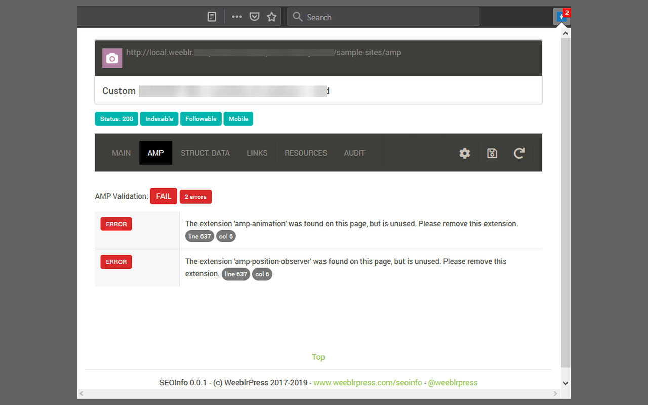 SEOInfo example of AMP validation errors screenshot