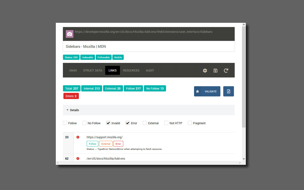 SEOInfo links validation screenshot