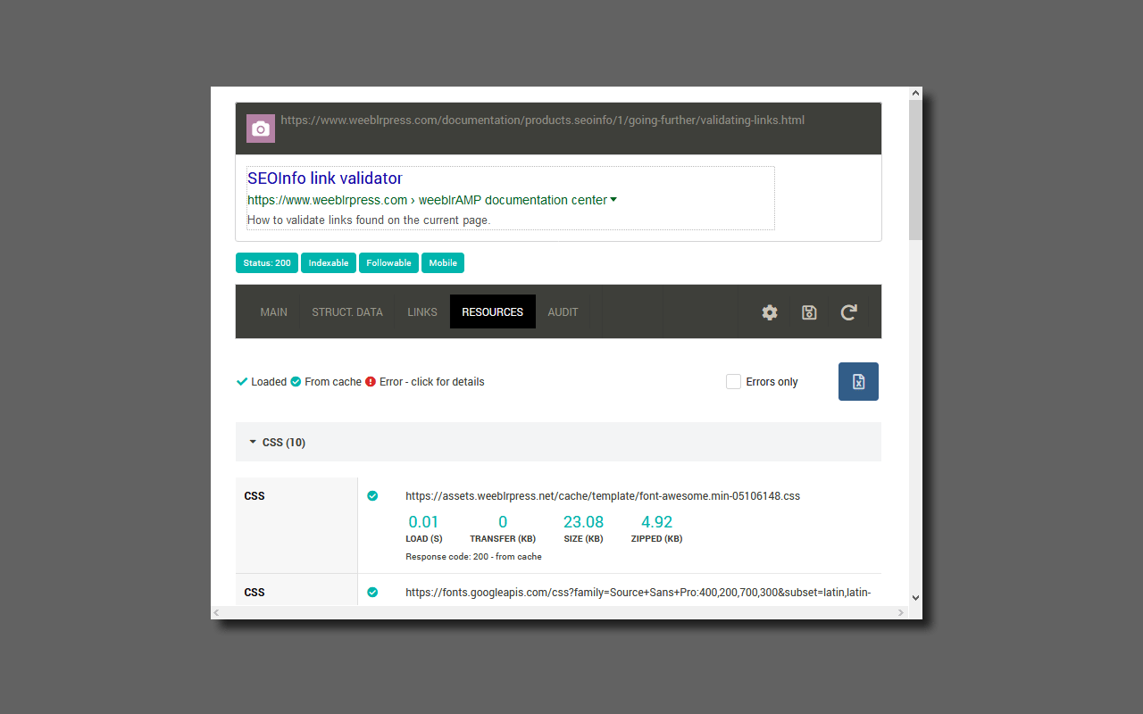 SEOInfo resources loading information screenshot