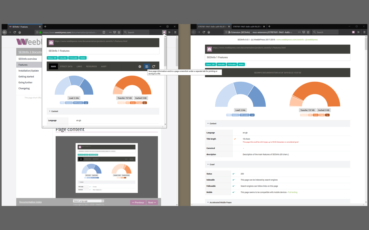 SEOInfo saving information screenshot