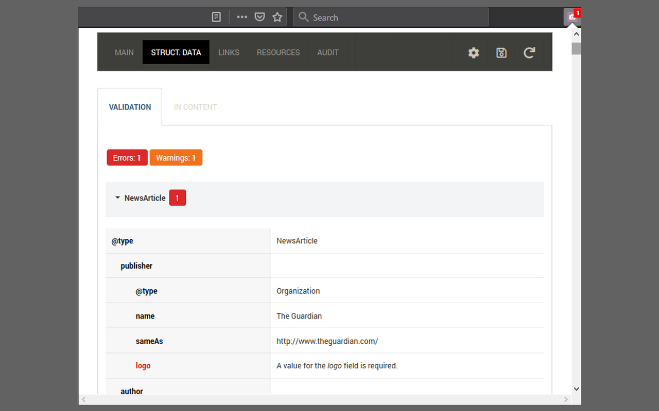 SEOInfo display of structured data validation with warning