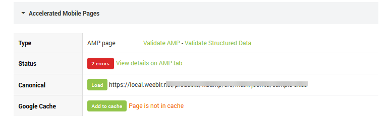 SEOInfo AMP section summary for an AMP page with errors