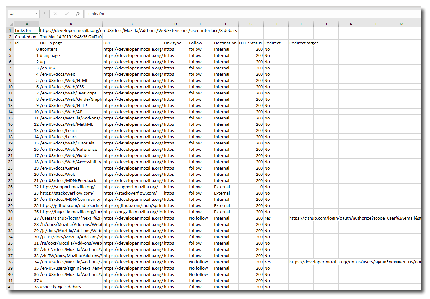 Sample links list excel file