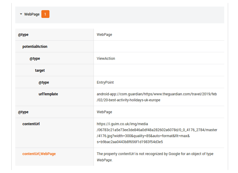 SEOInfo display of structured data validation with warning