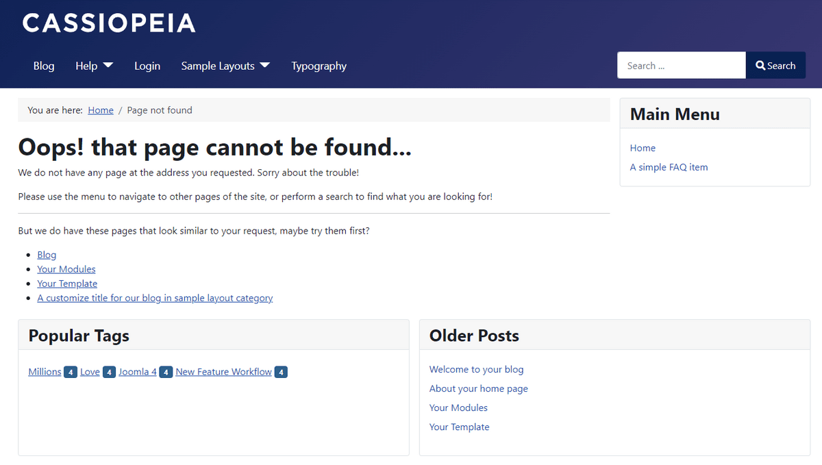 A 404 error page by 4SEO suggesting similar pages