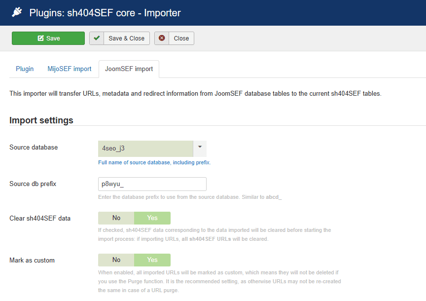 JoomSEF and MijoSEF importer to sh404SEF: base settings