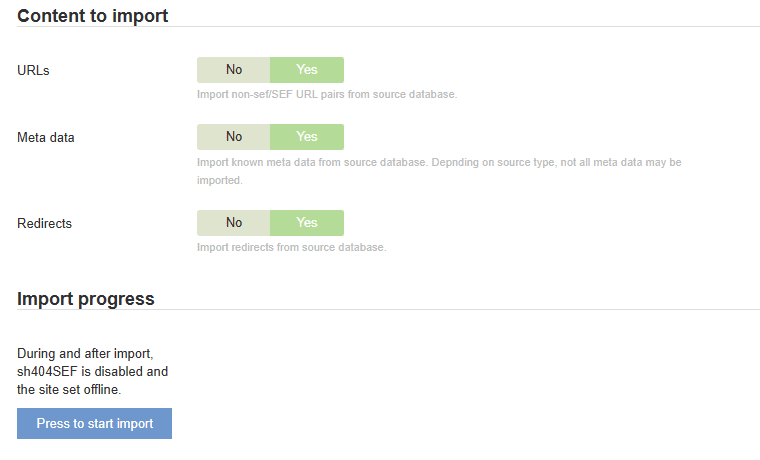 JoomSEF and MijoSEF importer to sh404SEF: imported data selector