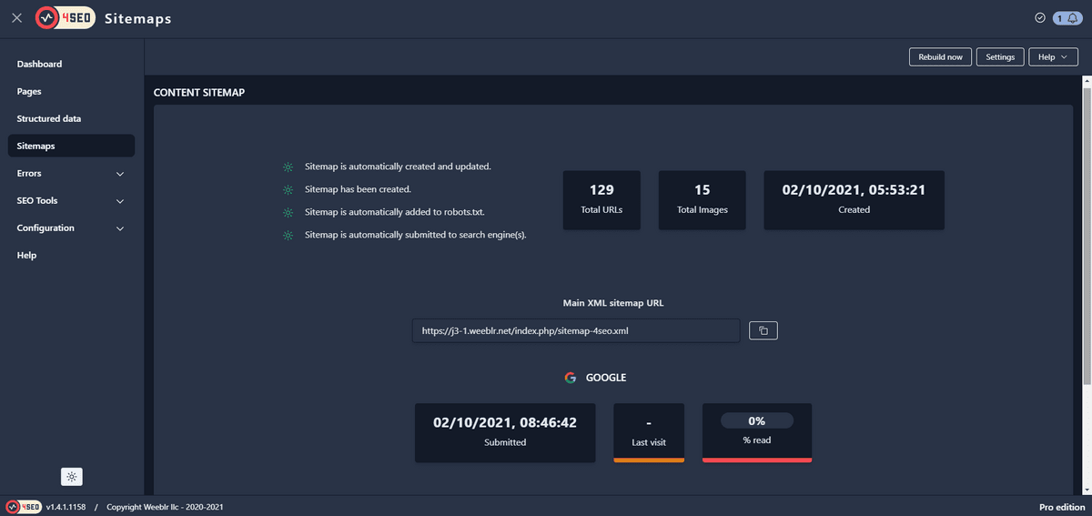 View of 4SEO sitemaps dashboard with number of pages and number of images included