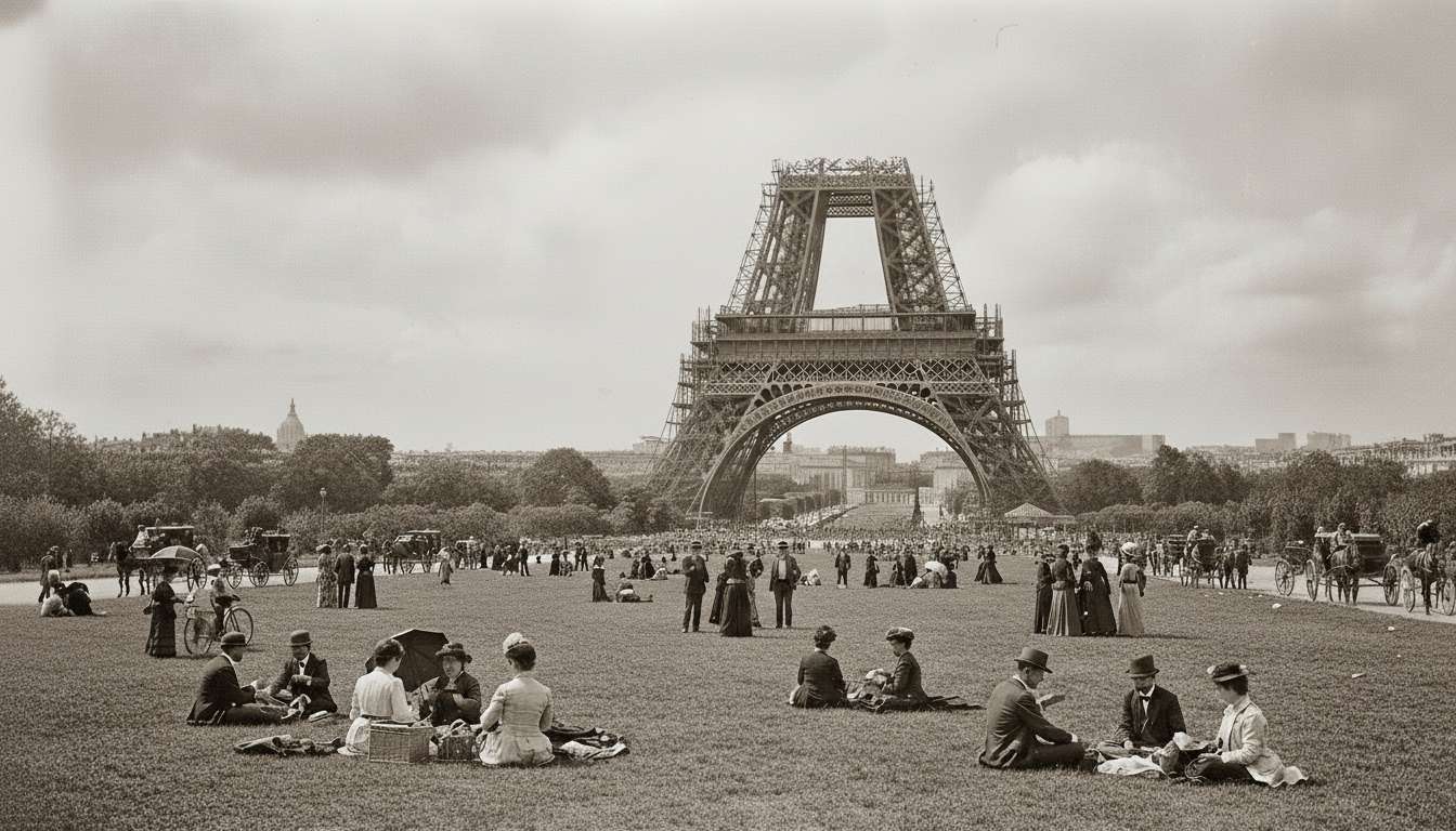 The Eiffel tower in July 1888 as viewed from the Champs de Mars, with people relaxing on the lawn.