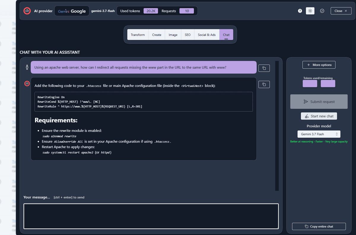 A conversation with 4AI, getting the code to redirects pages in your .htaccess.