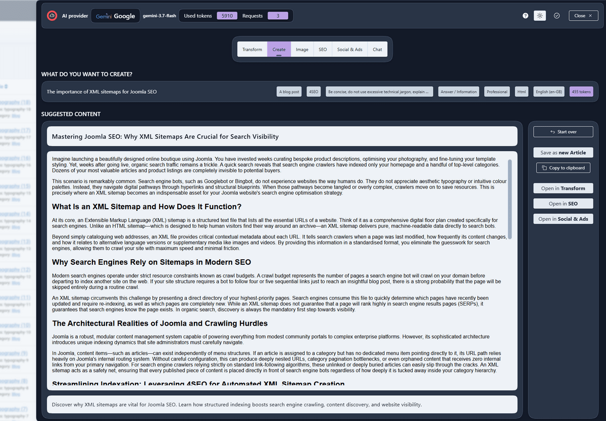 4AI shows a blog post, created from prompt with title and description