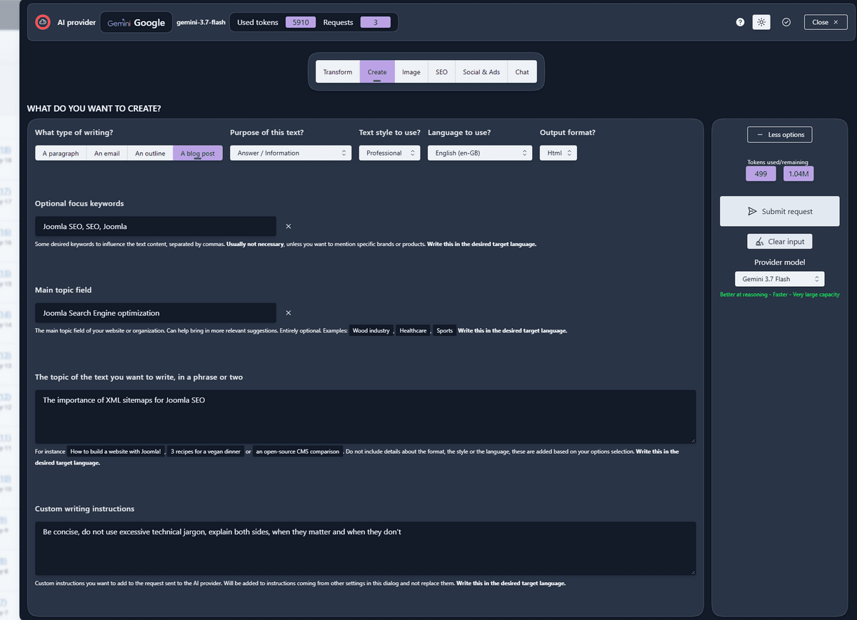 4AI has many options when creating content, both settings and free-form text