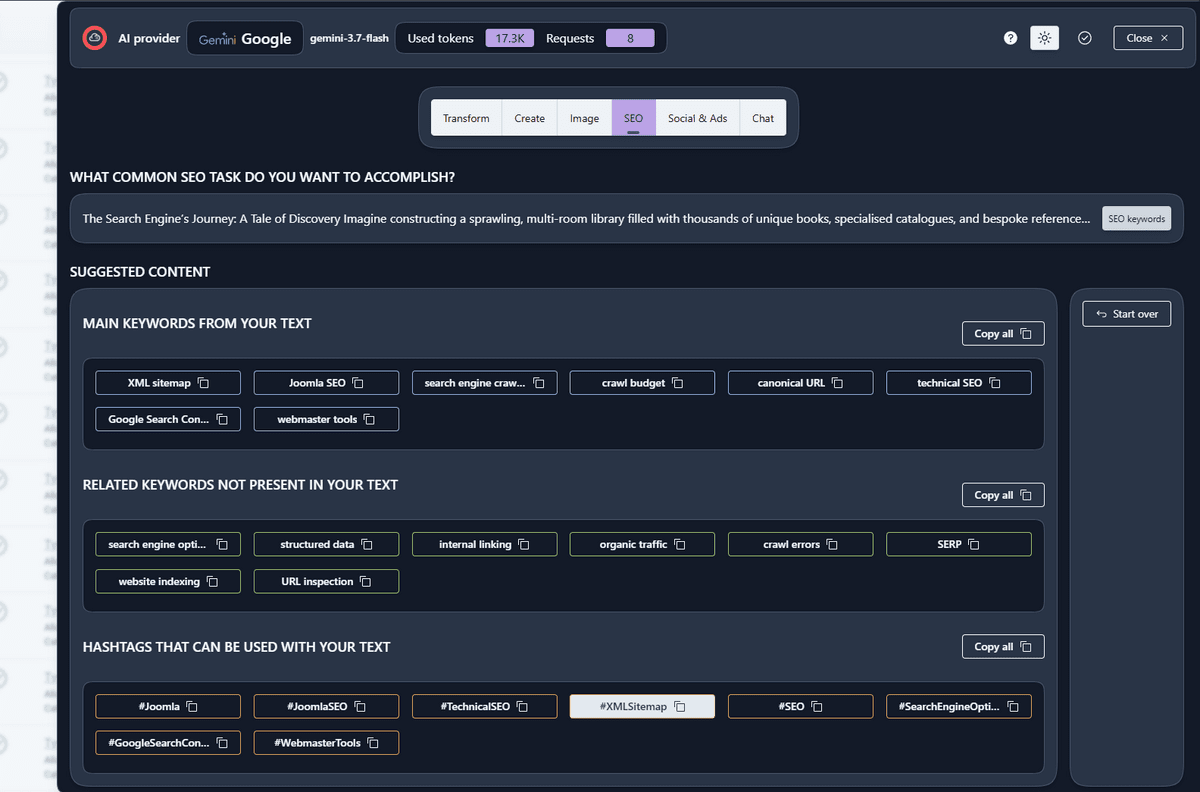 A set of automatically extracted keywords, related keywords and hashtags for a Joomla article