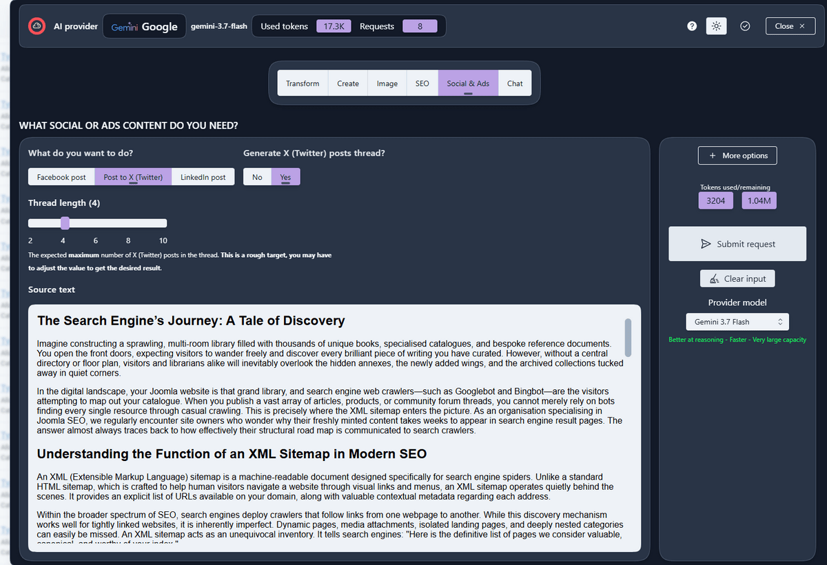 Asking 4AI to create a Twitter thread automatically based on a Joomla article.