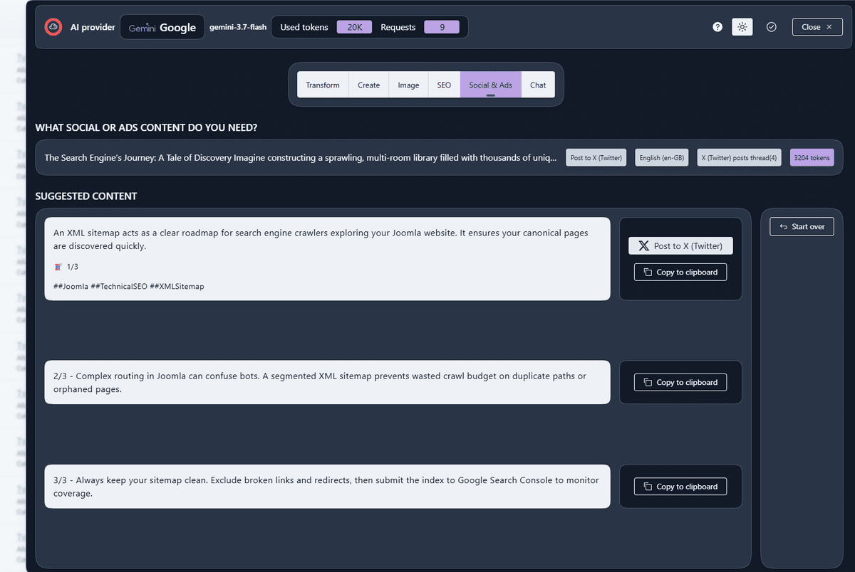 A full Twitter thread created based on a Joomla article and ready to be tweeted from 4AI.