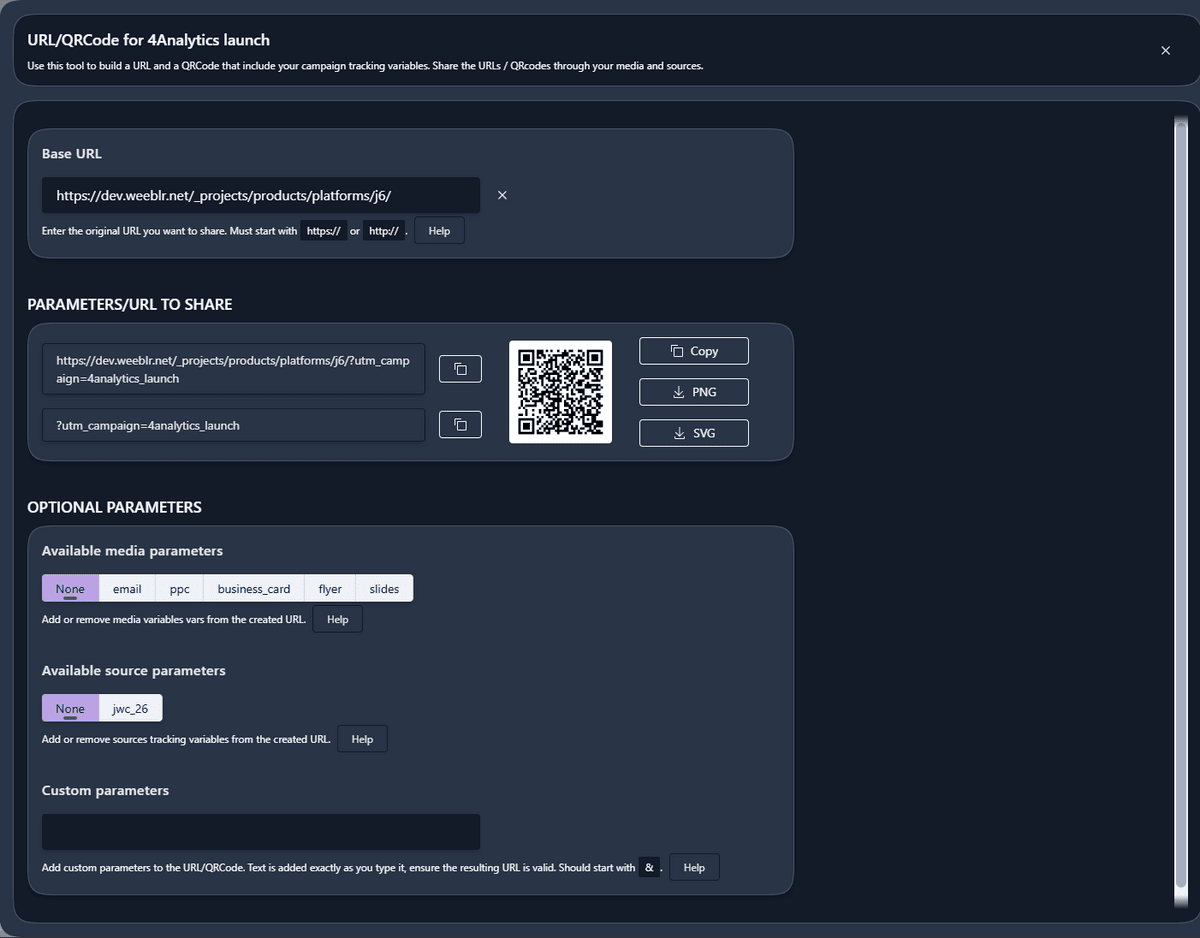 The URL and QR code builder, generating a tracked link and its QR code
